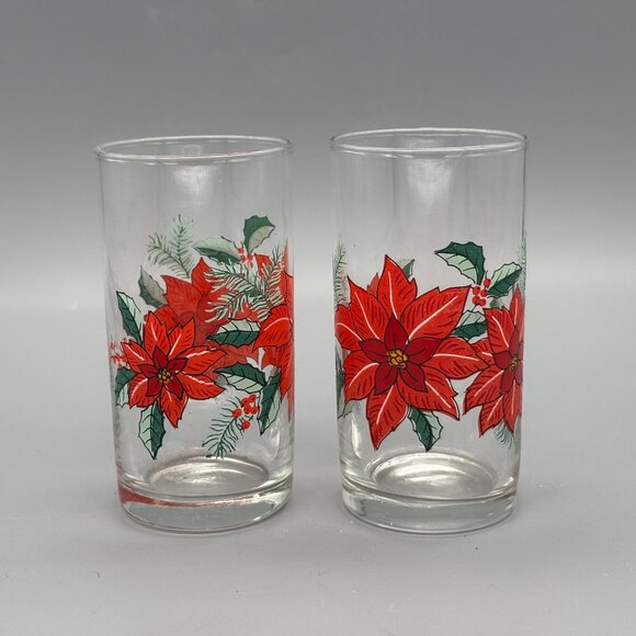 Vintage Poinsettia Christmas Drinking Glasses – Set of 2 Holiday Tumblers - Picture 1 of 6